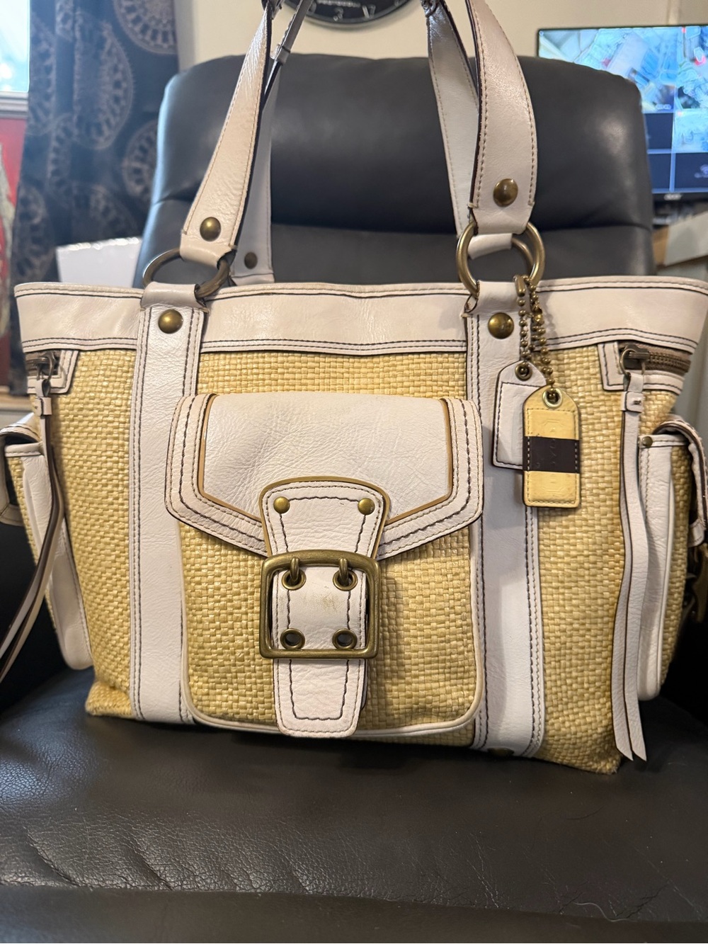 Vintage Coach Legacy Woven Straw Tote Bag with Cream Leather Trim (Style 113)